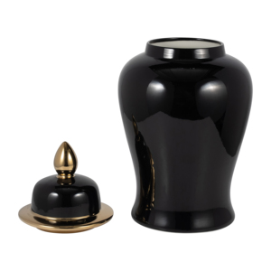 Vaso decorativo in ceramica nero con coperchio dorato per soggiorno o ufficio - Product Image 2