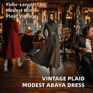 Robe abaya vintage à carreaux pour femmes Robe musulmane modeste à manches longues et col haut avec ceinture pour la - Product Image 2