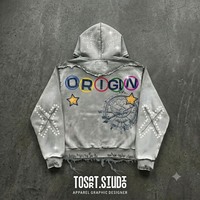Sudadera con capucha con cremallera OEM, estilo vintage, lavada, personalizada, 500 g/m², 100% algodón, con estampado de web desgastado, pedrería y sublimación