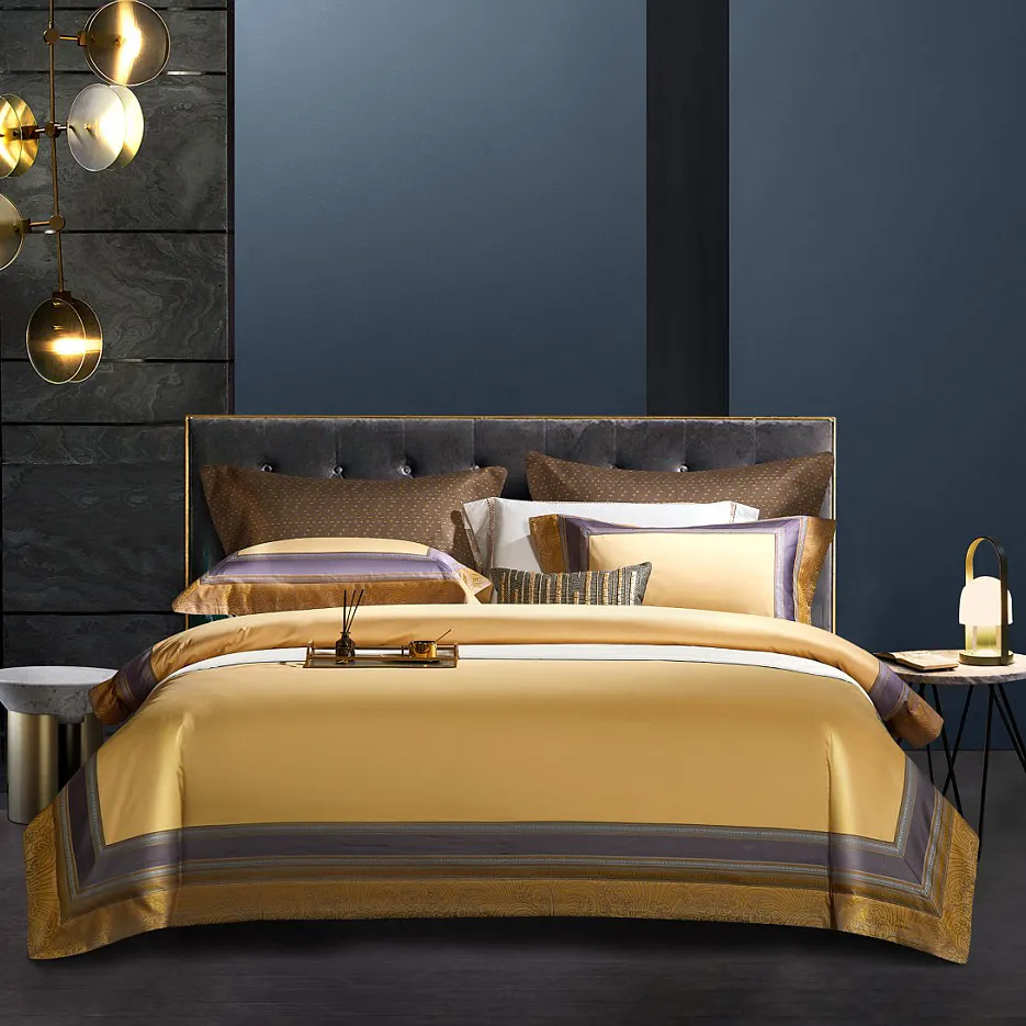 Lüks saten pamuk kahverengi jakarlı kraliyet nevresim sarı yorgan kapağı 4 parça ev tekstili yatak setleri üreticisi