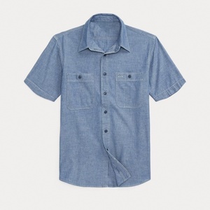 OEM Disai Custom <strong>Men's</strong> Summer Short-Sleeved Cotton <strong>Chambray</strong> Workshirt Floral Embroidered Indigo Relaxed Fit Work <strong>Shirt</strong> - Product Image 1