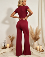 Tenue 2 pièces pour femmes, haut court à manches courtes et pantalon évasé taille haute, ensemble assorti pour tous les jours, pour les sorties et la maison