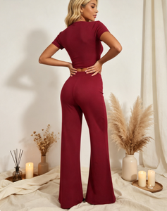 Tenue 2 pièces pour femmes, haut court à manches courtes et pantalon évasé taille haute, ensemble assorti pour tous les jours, pour les sorties et la maison - Product Image 3