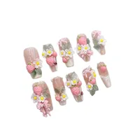 Faux ongles à pression longs faits à la main, motif French manucure rose, taille moyenne, pour femmes, style Nouvel An