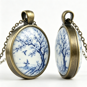 จี้ทองเหลืองทรงกลมพร้อมสร้อยคอสะสมลายต้นไม้ดอกไม้สีฟ้าชุบทอง - Product Image 2