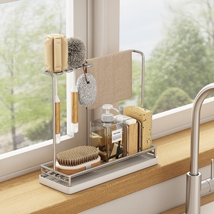 Étagère <span class=keywords><strong>de</strong></span> rangement multifonctionnelle pour outils <span class=keywords><strong>de</strong></span> nettoyage <span class=keywords><strong>de</strong></span> cuisine, organiseur d'évier <span class=keywords><strong>de</strong></span> cuisine en acier inoxydable avec plateau d'égouttage amovible - Product Image 2