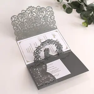 批发3D激光灰色婚礼请柬新娘新娘标志花拱形心形空心RSVP卡