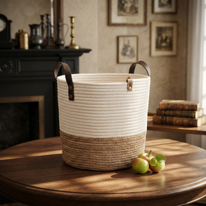 Panier de rangement moderne en corde de coton tressée avec poignées en cuir, écologique, pliable, organisateur suspendu pour salle de bain et cuisine - Product Image 3