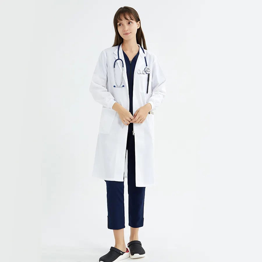 Bata de laboratorio profesional para adultos, uniformes médicos personalizados de manga larga, color blanco, venta al por mayor