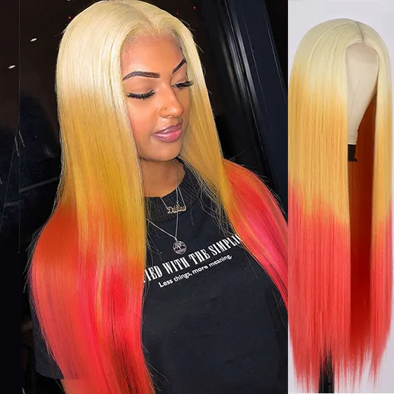 Long Straight Ombre Synthetic Wig Middle Part Cosplay Wig Blonde Orange Yellow Color for Black Women Heat Resistant Fiber