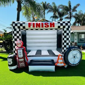 Commercial racer combo bounce house black white checkerboard white bouncy castle for kids car theme party