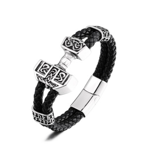 Wholesale Stainless Steel Viking Thor's Hammer Double Layer Braided Cuff Bracelet Black Leather Buckle Fashion Charm Bracelets - Product Image 1