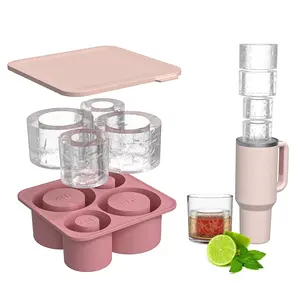New BPA Free Silicone Ice Cube Maker With Lid for 20-40oz Tumbler 4 Hollow Cylinder Ice Molds and Bin for Freezer, Ice Drink