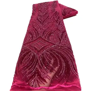 Alta Qualidade de Luxo Africano Roxo Frisado Tela Do Laço de Noiva Beads Bordados Tecidos de Desgaste Do Partido