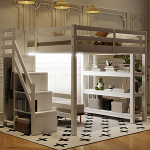 Cama alta blanca para niños con escaleras de almacenamiento y estante lateral para dormitorio - Product Image 2
