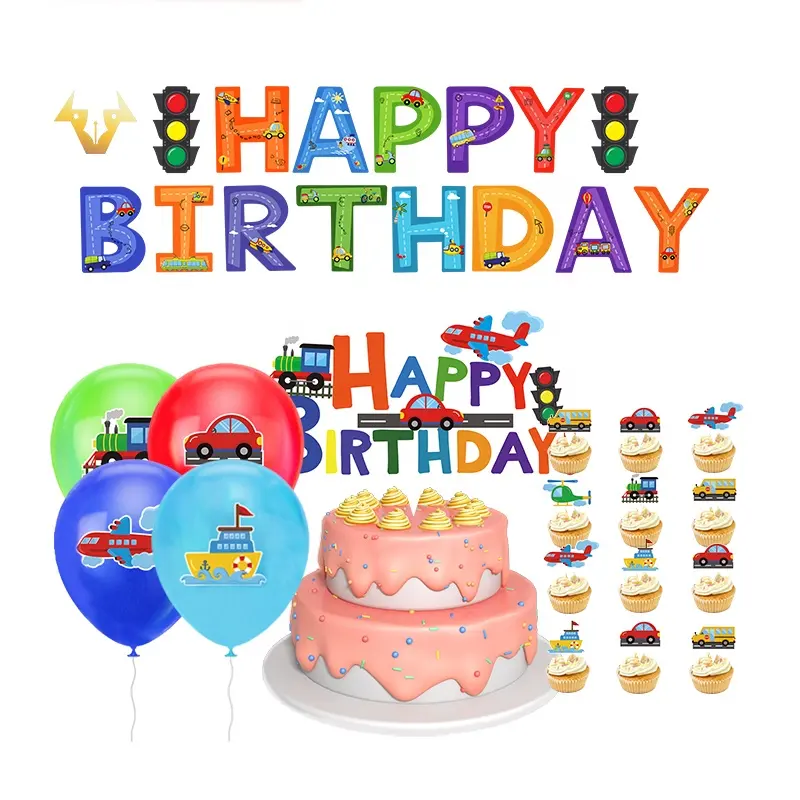 Cartoon car transportation theme decoration set birthday party decoration supply paper banner cake topper balloon decoration