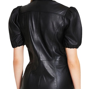 Hot Selling Black Faux <strong>Ather</strong> Waisted Puff Short Sleeve Button up Women Casual Shirt Dress - Product Image 5