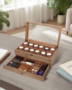 Scatola in Legno per Orologi di Lusso a 2 Livelli, Cofanetto Prestigioso con Fodera in Velluto Morbido, Scatola Verde per Orologi - Product Image 3