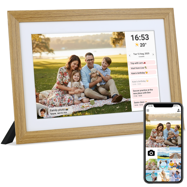 Modern Elegant Grey Wood Digital Photo Frame 1280x800 HD 32GB WiFi Acrylic RK3126 & Family Calendar