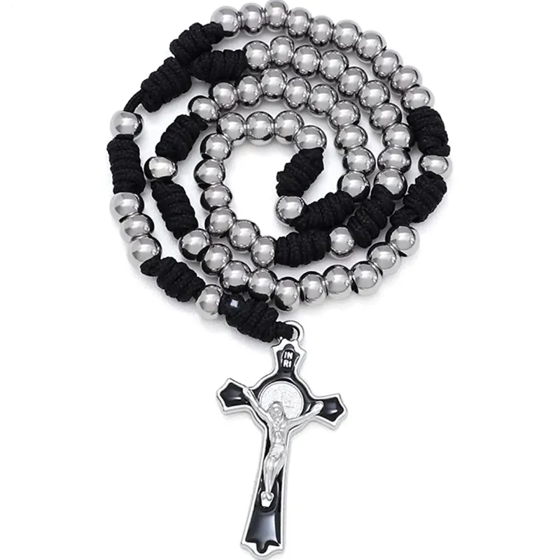 KOMI kalung rosario manik-manik baja tahan karat kepang tali hitam dengan kalung liontin salib Enamel hitam Aksesori Mobil kalung