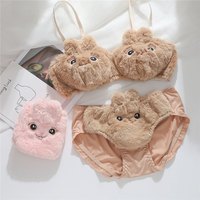 Ensemble soutien-gorge et culotte sexy à imprimé animal, style japonais, doux et moelleux pour l'hiver, motif lapin de dessin animé mignon, lingerie fine sans armatures pour étudiantes