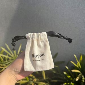 Custom Logo <b>Drawstring</b> <b>Pouch</b> White Cotton Canvas Dust Bag With Ribbon for Jewelry Packaging and Gift Giving - Product Image 5