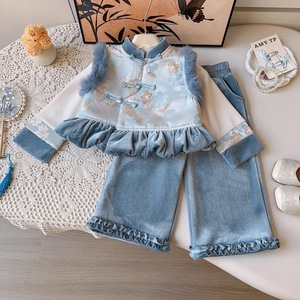 Traditional Chinese Girls Three Piece Set Fleece Lined Vest With Embroidery Party Wear - Product Image 2