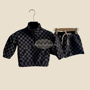 2025 Summer OEM <strong>Kids</strong> <strong>Normal</strong> Outfits Spring Clothing Sets Unisex Casual Suit Half Zip Pullover Sweater Set Checkered Shorts <strong>Kids</strong> - Product Image 6