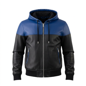 Designer Men's Royal Blue and Black Leather Athleisure Tracksuit with Full-Zip Hooded <b>Jacket</b> - Product Image 1
