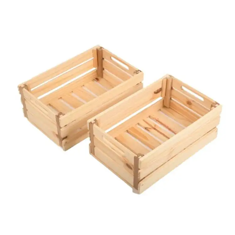 Keranjang penyimpanan kayu portabel pedesaan wadah kotak kayu dekoratif dengan pegangan