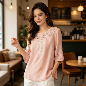 Blusa de Lino para Mujer con Bordado Floral, Cuello Redondo, Manga Tres Cuartos, Estilo Bohemio, Corte Holgado, Top de Primavera/Verano - Product Image 3