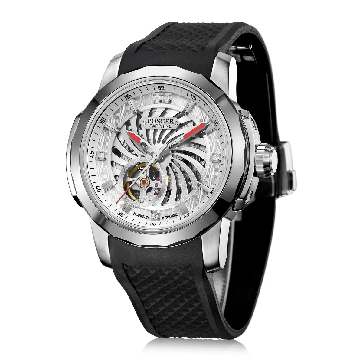 Jam tangan mekanis otomatis pria, arloji olahraga kerangka baja tahan karat dengan desain Hub roda mobil