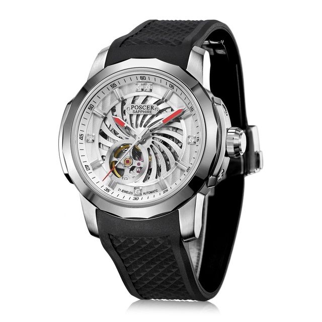 Stainless Steel Skeleton Automatic Wrist Watch Sports Mens Mechanical Watches With Car Wheel Hub Design Watch