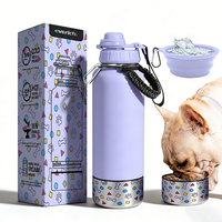 Vente flash d'accessoires pour animaux de compagnie, bouteille d'eau de voyage pour chien en acier inoxydable isolée 2 en 1 avec bol à nourriture amovible
