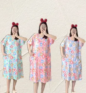 Hot Verkoop Plus Size Vrouwen Nachtkleding Melk Zijde Cartoon Korte Mouw Nachthemd Nachtjapon Met Zakken