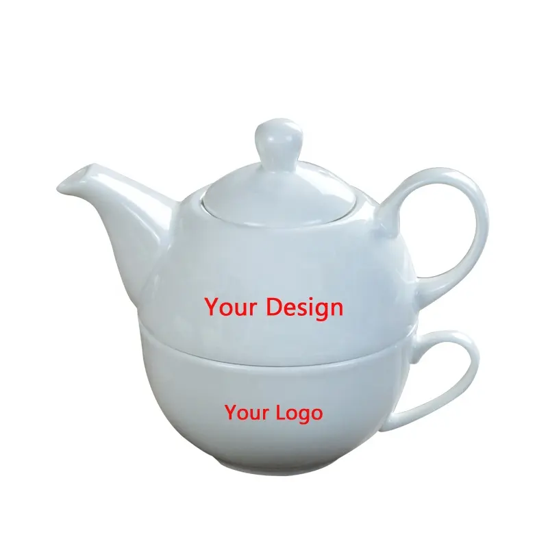 Tetera apilada con impresión personalizada, juego de tazas de té, elegante, jarra de café blanca lisa de 14oz con taza de café