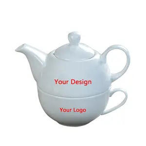 定制印刷叠放茶壶带茶杯套装优雅14盎司纯白咖啡壶带咖啡杯
