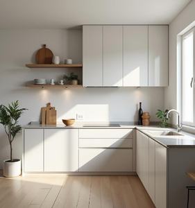 خزائن مطبخ حديثة بيضاء بتصميم شيكر، أثاث مسبق الصنع من خشب الصنوبر، تصميم جزيرة بطلاء اللكر، لوح ميلامين عالي اللمعان - Product Image 2