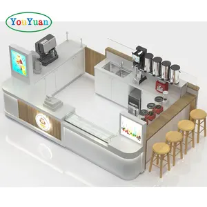 Kiosk com cadeiras em forma de kiosk, centro de compras, waffle, café, panquecas, suco, bebidas, bolhas, design interior de loja de chá