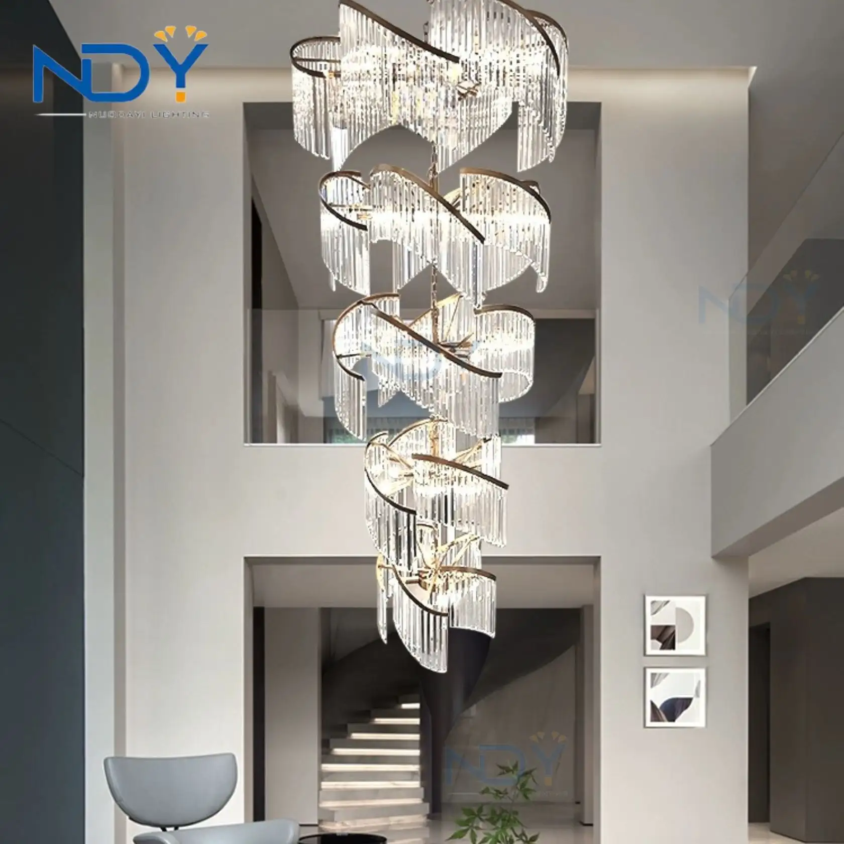 Lámpara colgante de diseño de lujo moderno, colgante personalizado, sala de estar, escalera giratoria, Villa, candelabro largo de cristal grande americano