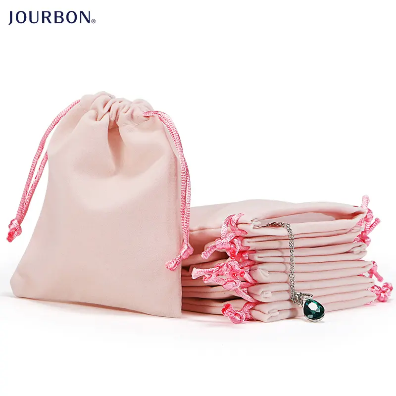 Jourbon Professional custom printed drawstring jewellery bags small pink velvet jewelry pouch bag with rope