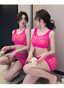 New Design Neon Pink <strong>Fishnet</strong> Two Piece Set Womens Mesh Crop Top Mini Skirt Clubwear Hollow Out Lingerie Outfit - Product Image 3