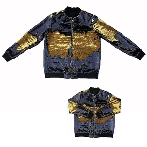 Mardi gras zipper coats reversible sequin kids jacket outerwear black gold sequin Mardi gras children coat kids winter coat