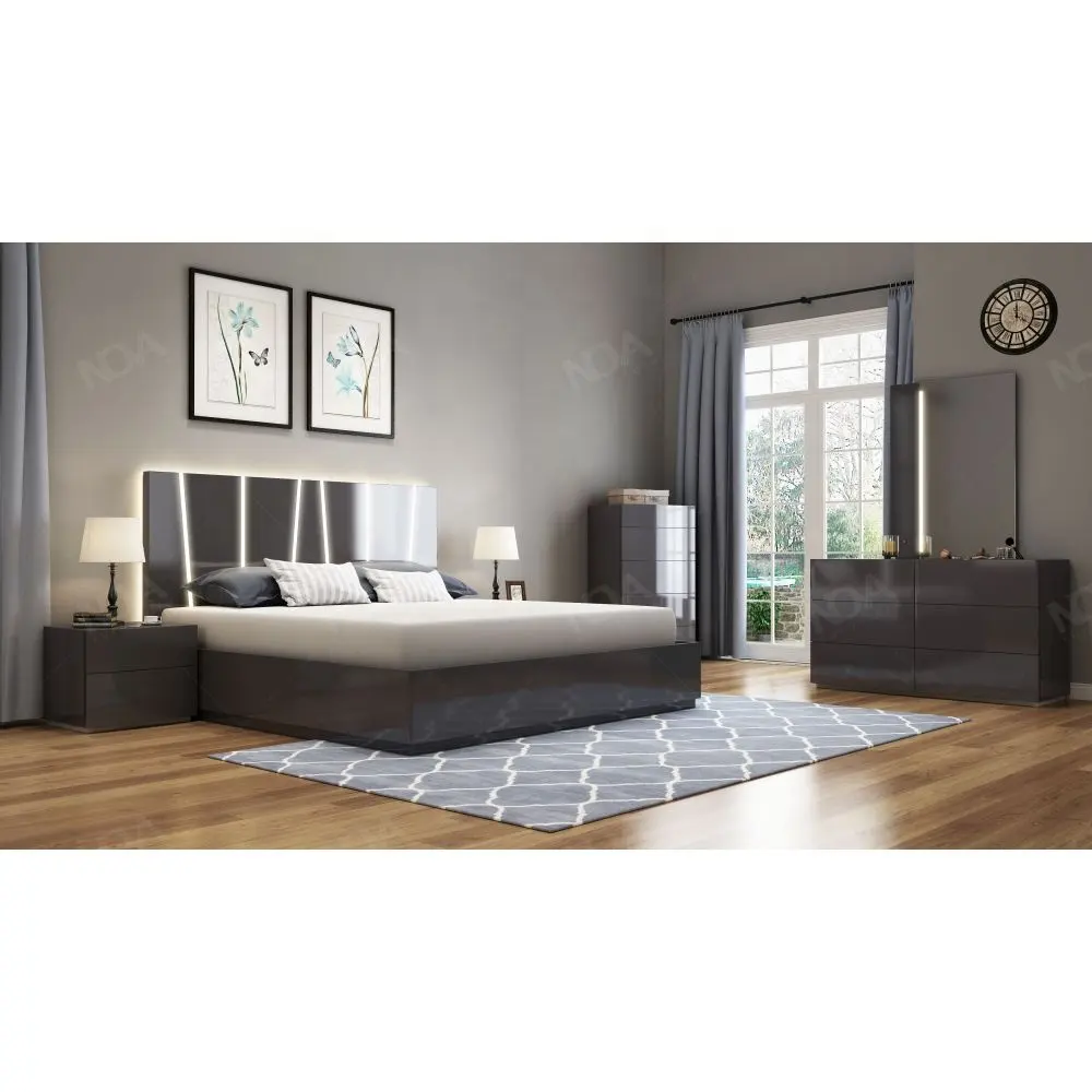 NOVA Modern MDF tasarımcı ahşap çift yatak uyku odası mobilya depolama LED ile parlak yatak koleksiyonu