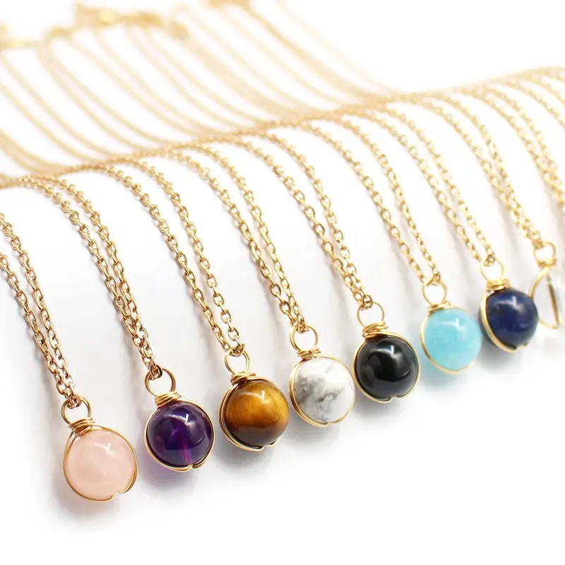 Fashion Gold Plated Gemstone Pendant Necklace Women Natural Stone Crystal Agate Pendant Necklace