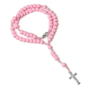 新款天然木珠儿童十字项链祈祷洗礼饰品批发宗教粉色念珠项链