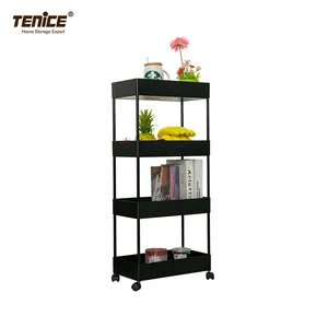 Tenice 4-Tier Plastic Rolling Utility Cart with Handle, Multi-Functional Trolley for Office, Movable Storage Organizer wheels