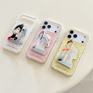Coque de téléphone portable avec support miroir rabattable et motif Powerpuff Girls pour iPhone 17 Air 16 15 Pro Max, avec support Crybaby et dos mignon et amoureux - Product Image 2