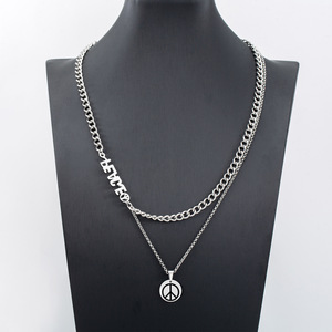yunnique Layered <b>Titanium</b> Steel Peace Pendant Necklace Double <b>Chain</b> Men's Gift Geometric Design - Product Image 2