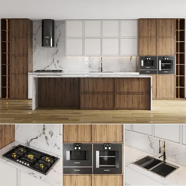 Popular Modular Wood Grain Laminate Factory Customized Home Luxury Furniture Classic Design Solid Wood Kitchen Cabinet